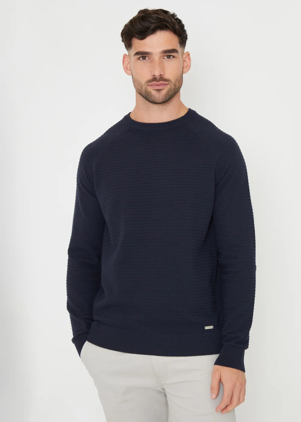 Threadbare Navy Textured Stripe Knitted Crew Neck Jumper - S Image 1