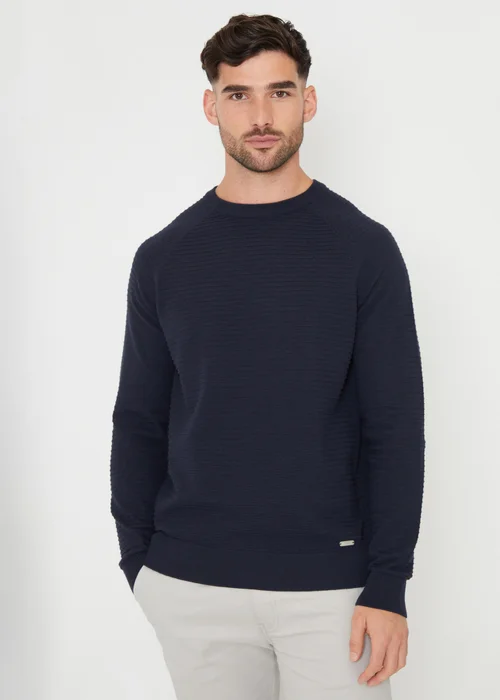 Threadbare Navy Textured Stripe Knitted Crew Neck Jumper - S Image 1