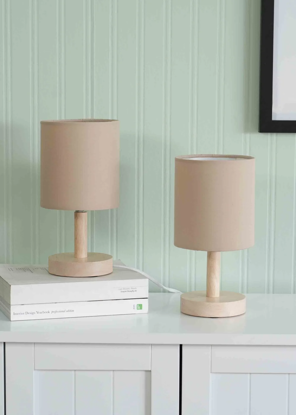 ValueLights Pair Oak Natural Table Lamp with Natural Drum Shade - One Size Image 1