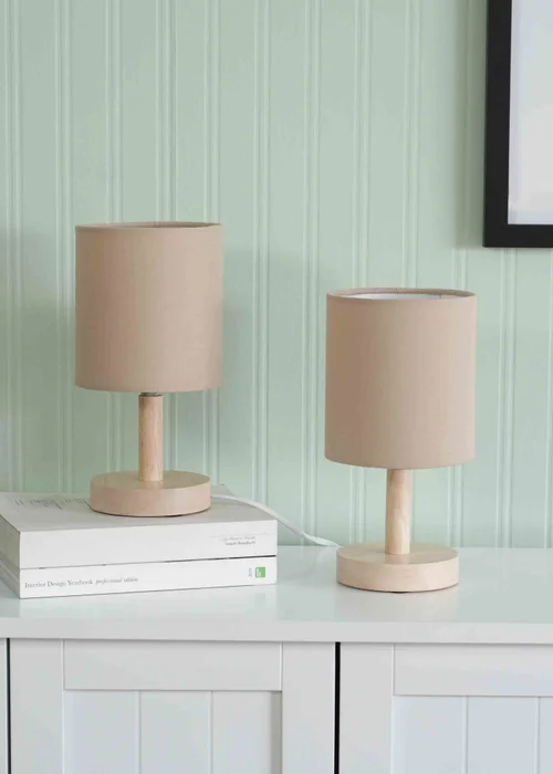 ValueLights Pair Oak Natural Table Lamp with Natural Drum Shade - One Size Image 1