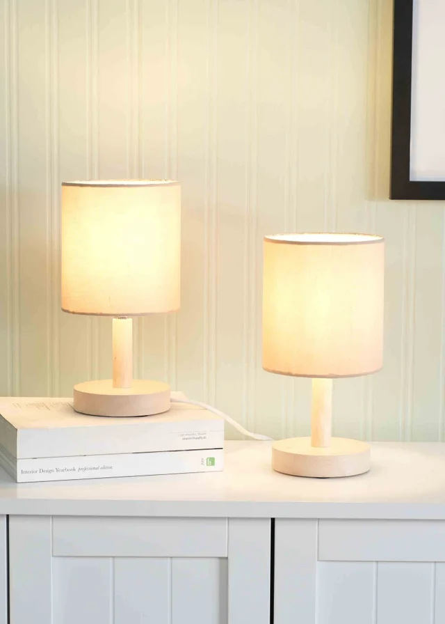 ValueLights Pair Oak Natural Table Lamp with Natural Drum Shade