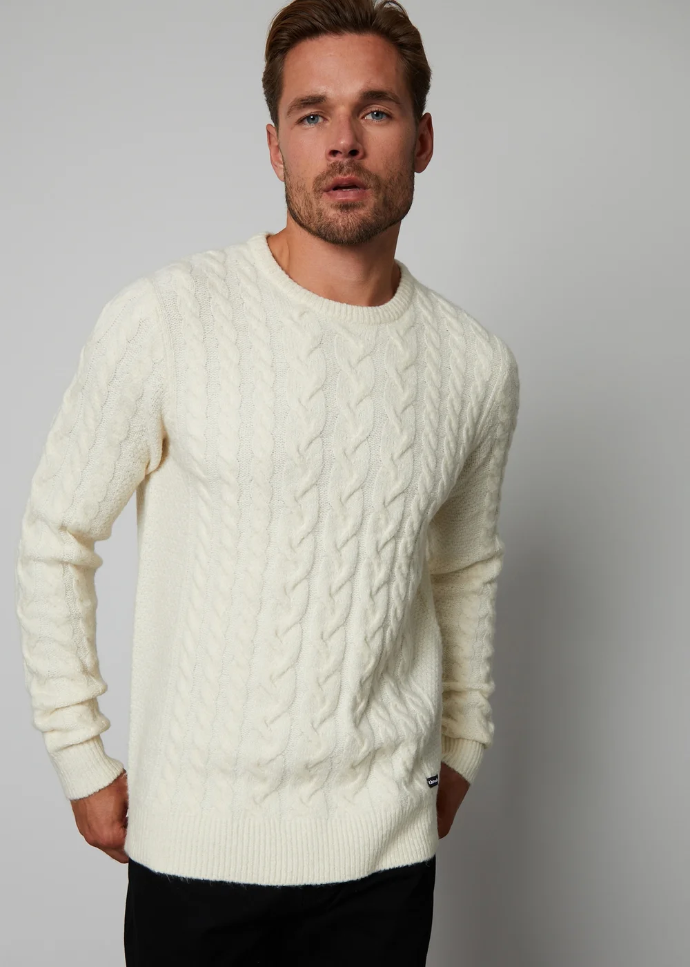 Threadbare Ecru Cable Knit Crew Neck Jumper - S Image 1