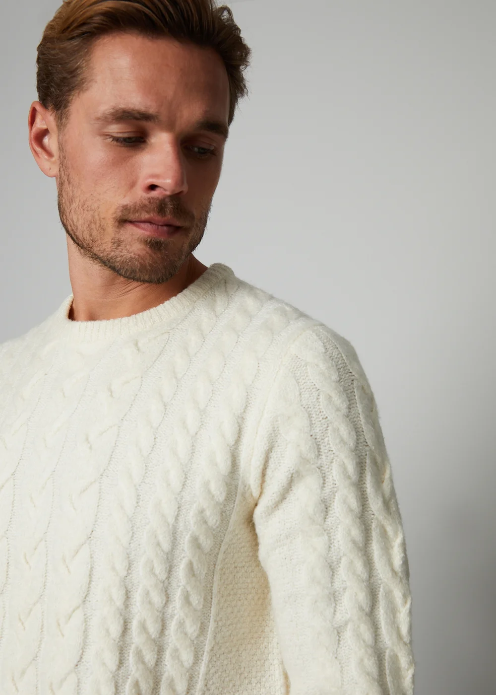 Threadbare Ecru Cable Knit Crew Neck Jumper - S Image 3