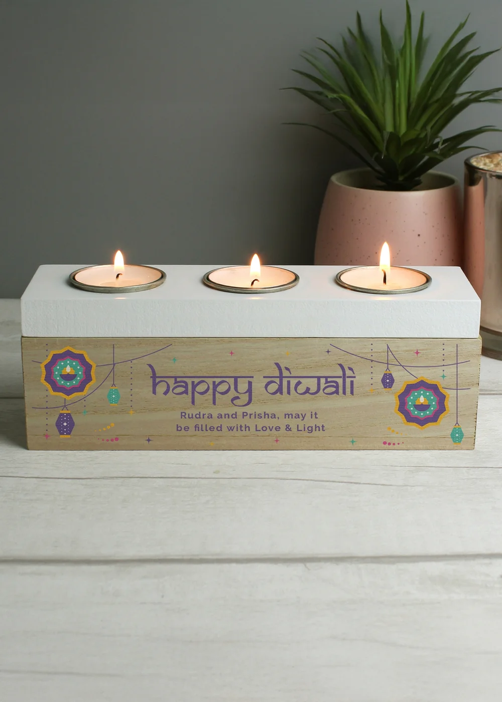 Personalised Memento Company Brown Diwali Triple Tealight Box - One Size Image 3