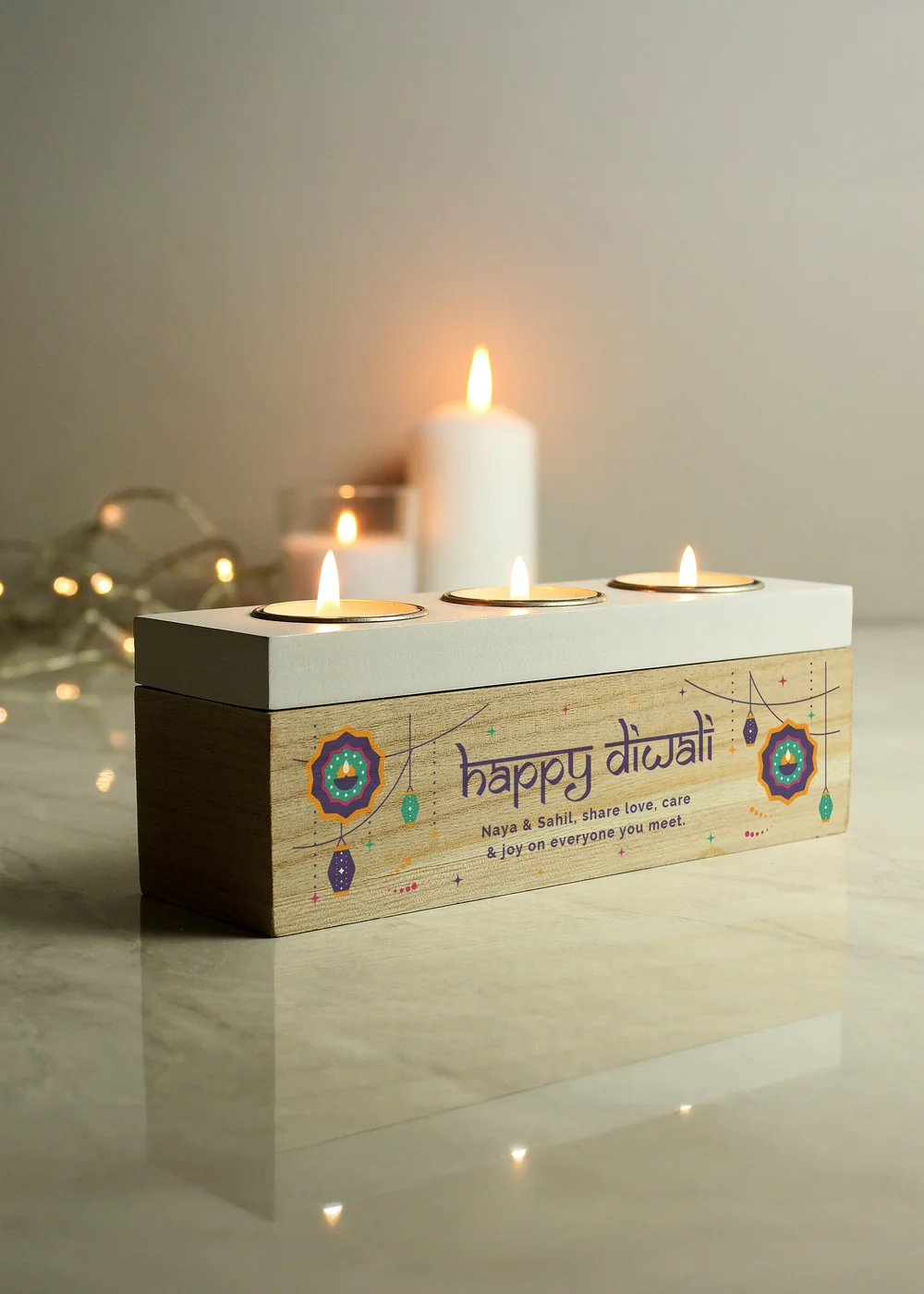 Personalised Memento Company Brown Diwali Triple Tealight Box - One Size Image 5