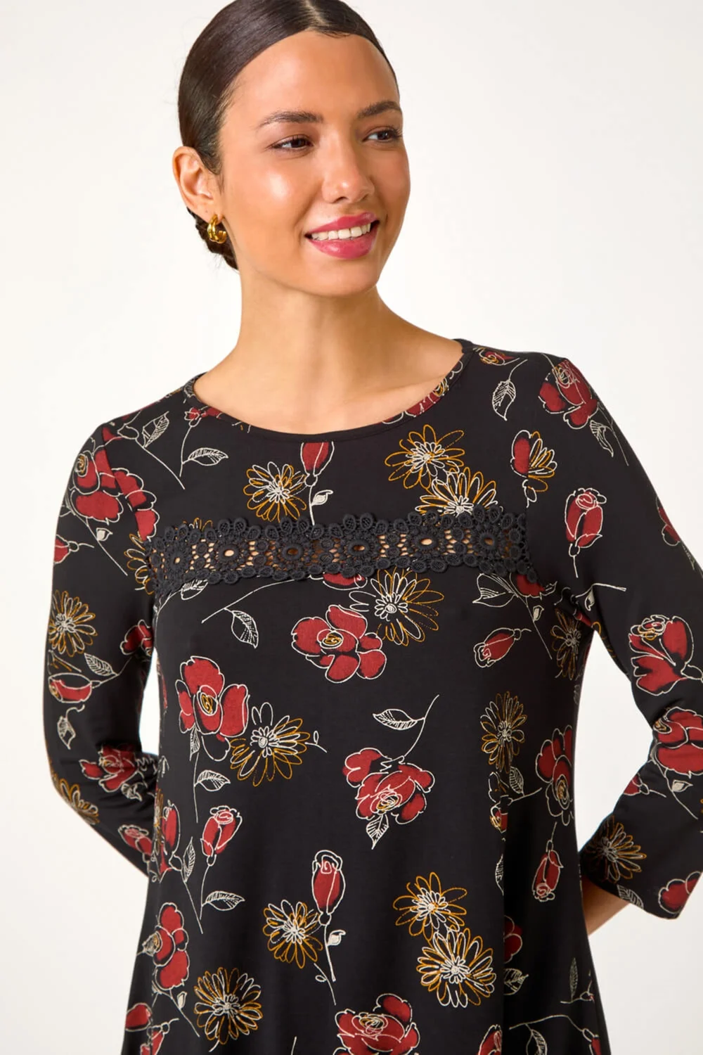 Roman Black Floral Print Lace Trim Stretch Top - Size 14 Image 3