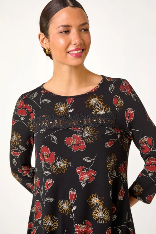 Roman Black Floral Print Lace Trim Stretch Top - Size 14 Image 3