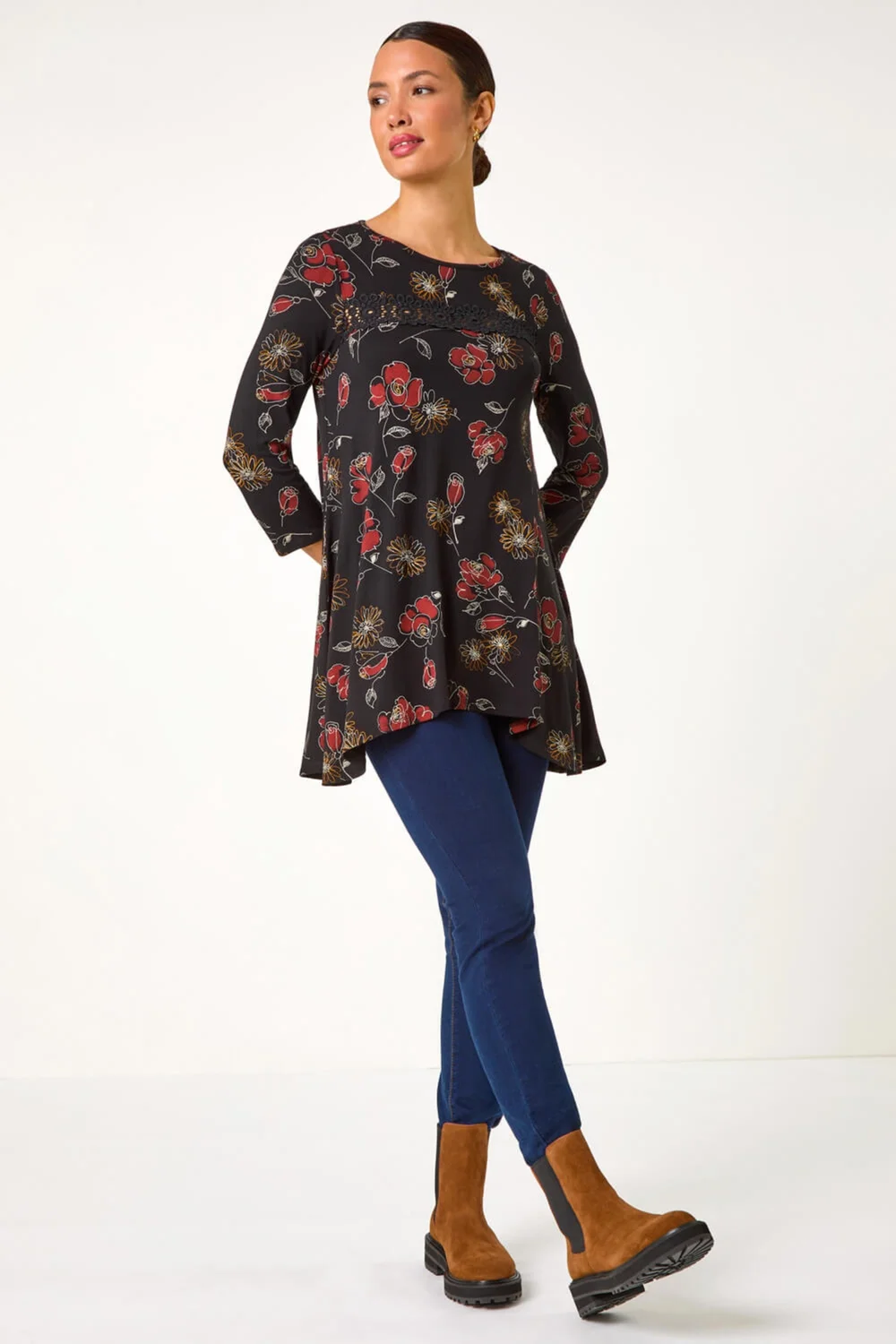 Roman Black Floral Print Lace Trim Stretch Top - Size 14 Image 4