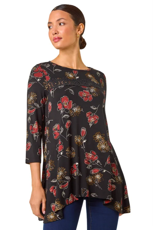 Roman Black Floral Print Lace Trim Stretch Top - Size 14 Image 2