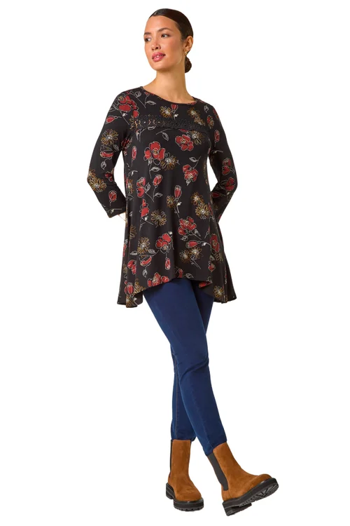 Roman Black Floral Print Lace Trim Stretch Top - Size 14 Image 1