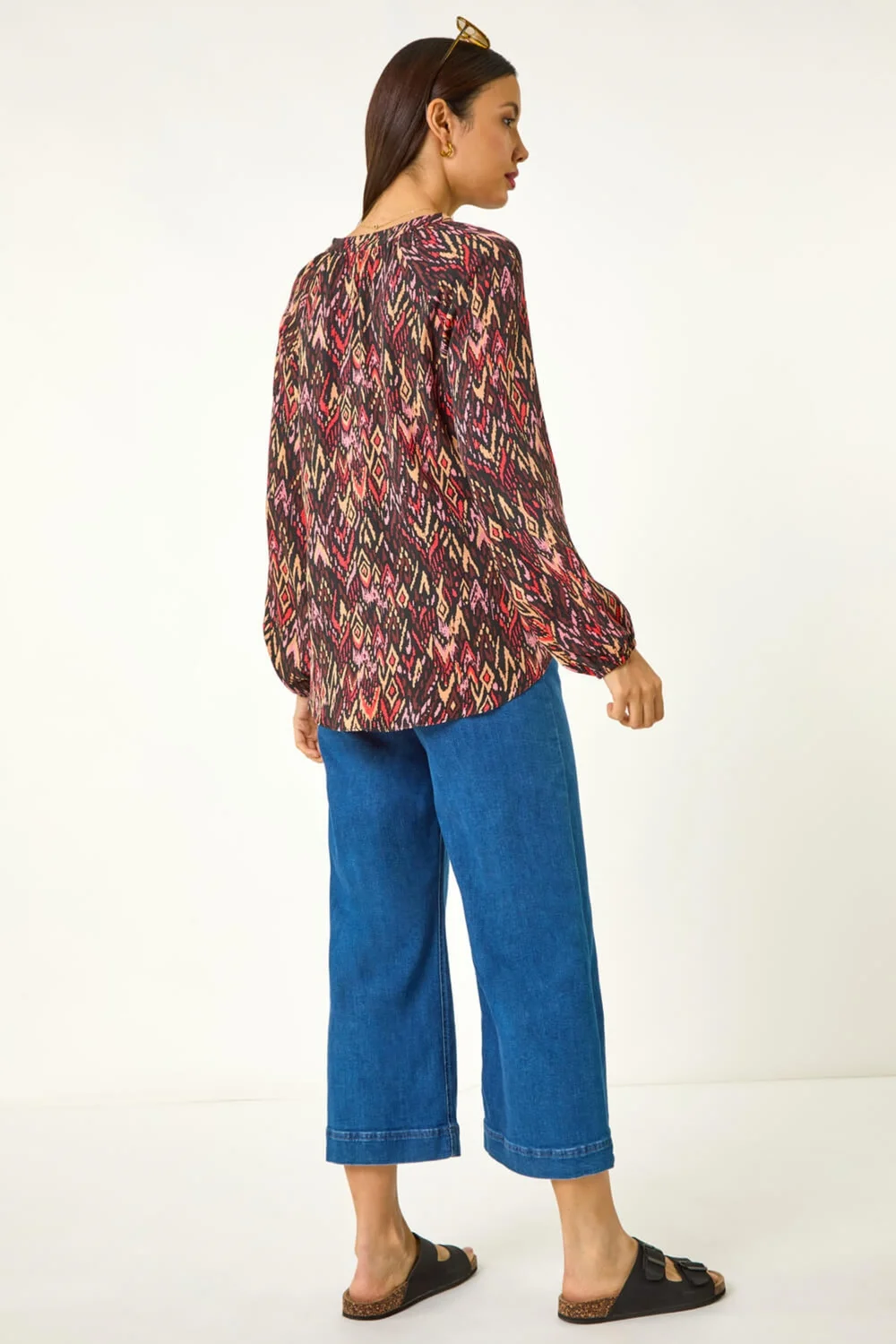 Roman Orange Aztec Print V-Neck Cuff Sleeve Top - Size 22 Image 3