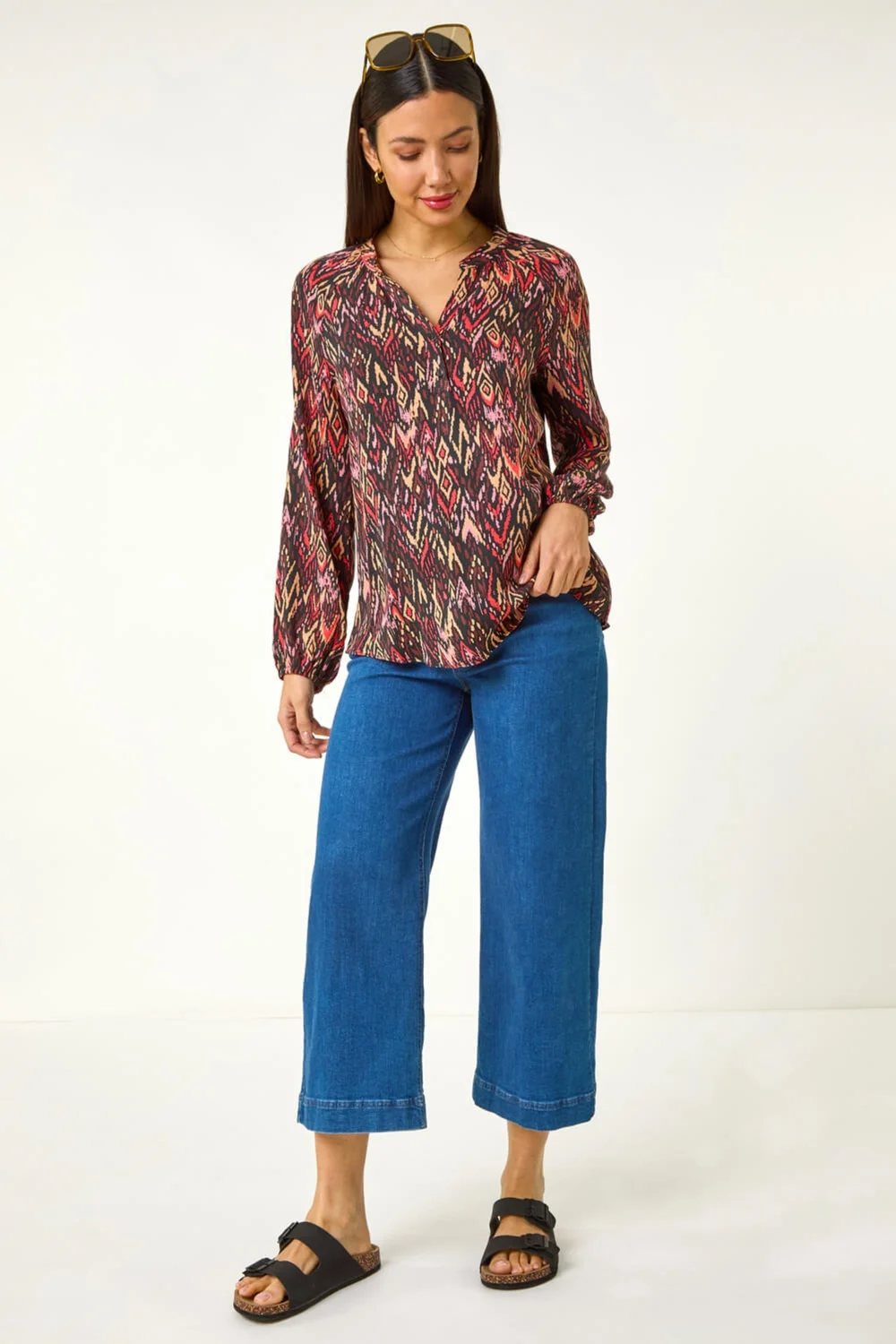 Roman Orange Aztec Print V-Neck Cuff Sleeve Top - Size 22 Image 2