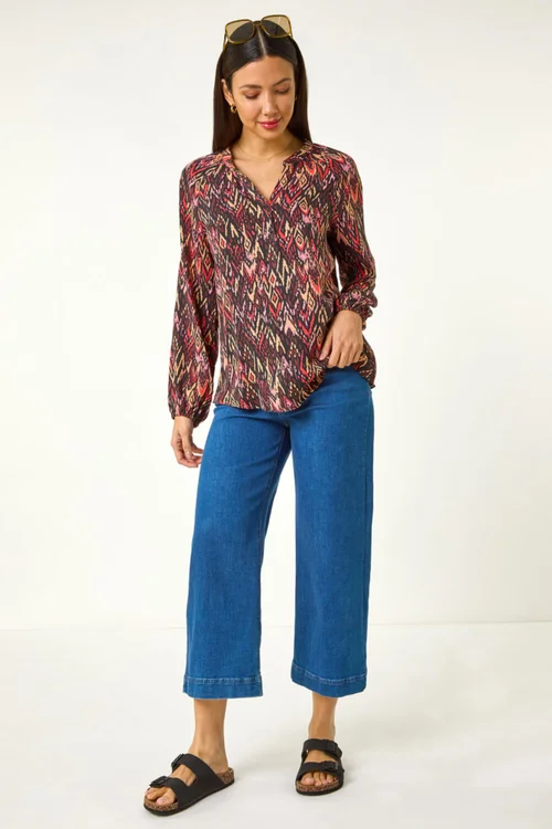 Roman Orange Aztec Print V-Neck Cuff Sleeve Top - Size 22 Image 2