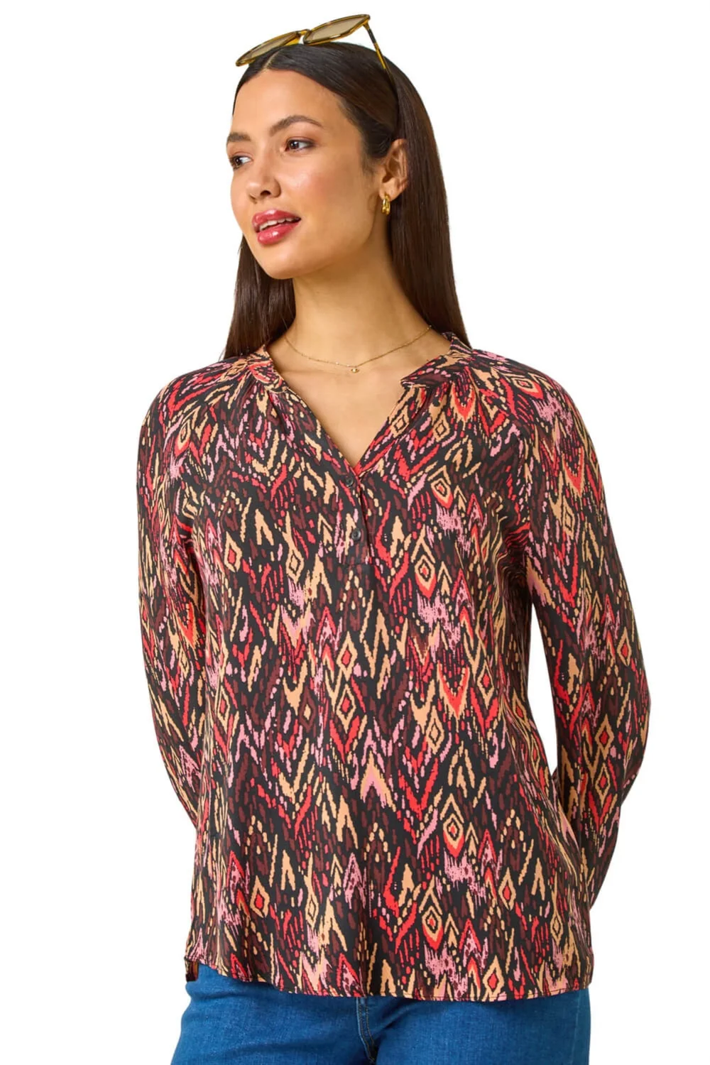 Roman Orange Aztec Print V-Neck Cuff Sleeve Top - Size 22 Image 1