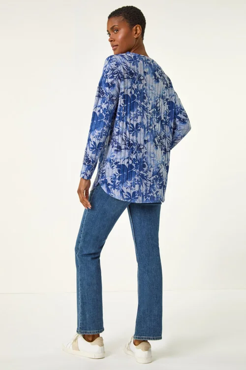 Roman Blue Floral Print Ribbed Top - Size 10 Image 3