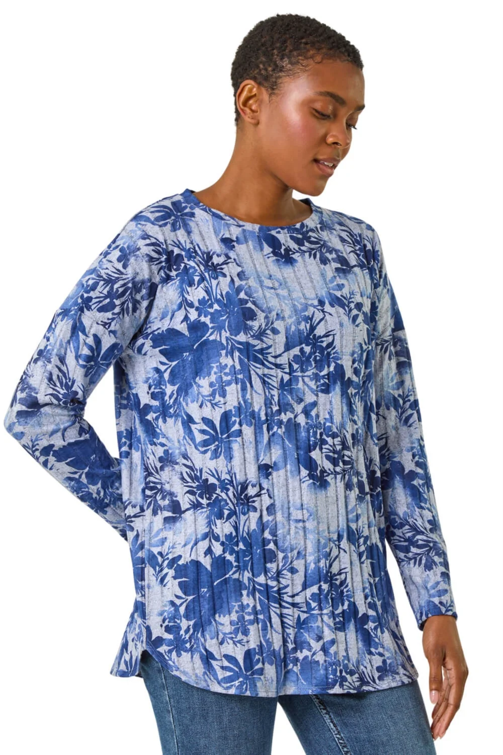 Roman Blue Floral Print Ribbed Top - Size 10 Image 1