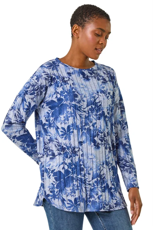 Roman Blue Floral Print Ribbed Top - Size 10 Image 1