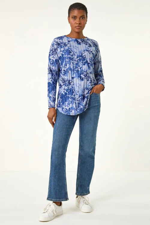 Roman Blue Floral Print Ribbed Top - Size 10 Image 2