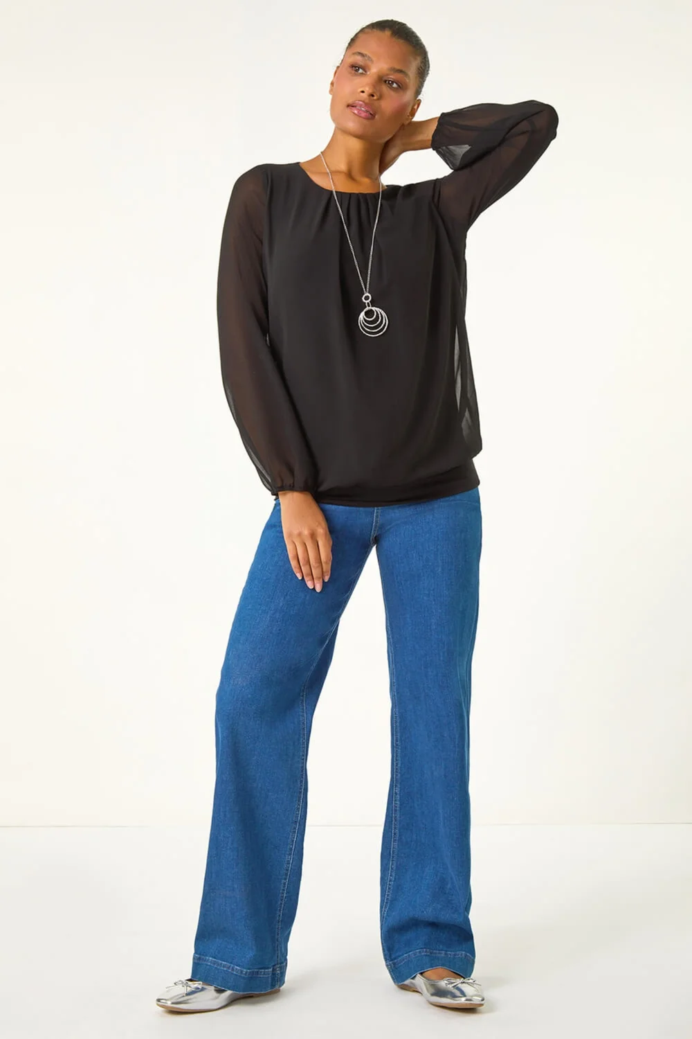 Roman Black Chiffon Banded Hem Pleated Top - Size 24 Image 2