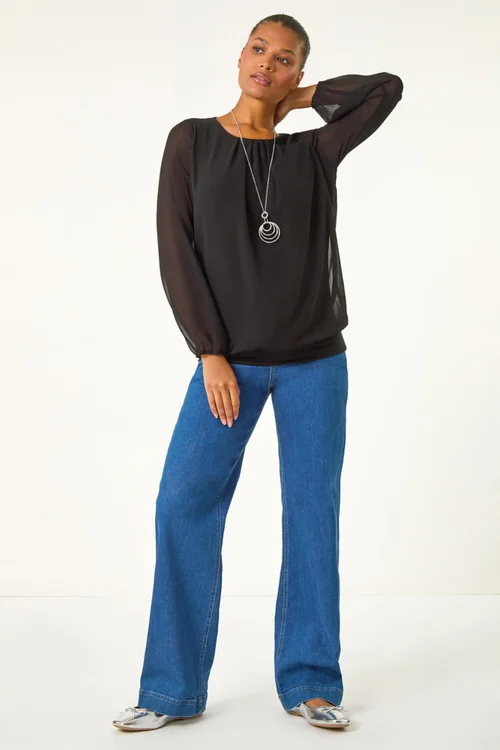 Roman Black Chiffon Banded Hem Pleated Top - Size 24 Image 2