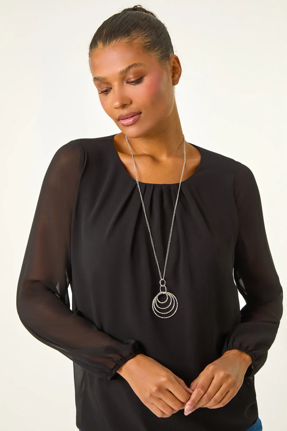 Roman Black Chiffon Banded Hem Pleated Top - Size 24 Image 4