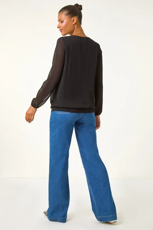 Roman Black Chiffon Banded Hem Pleated Top - Size 24 Image 3