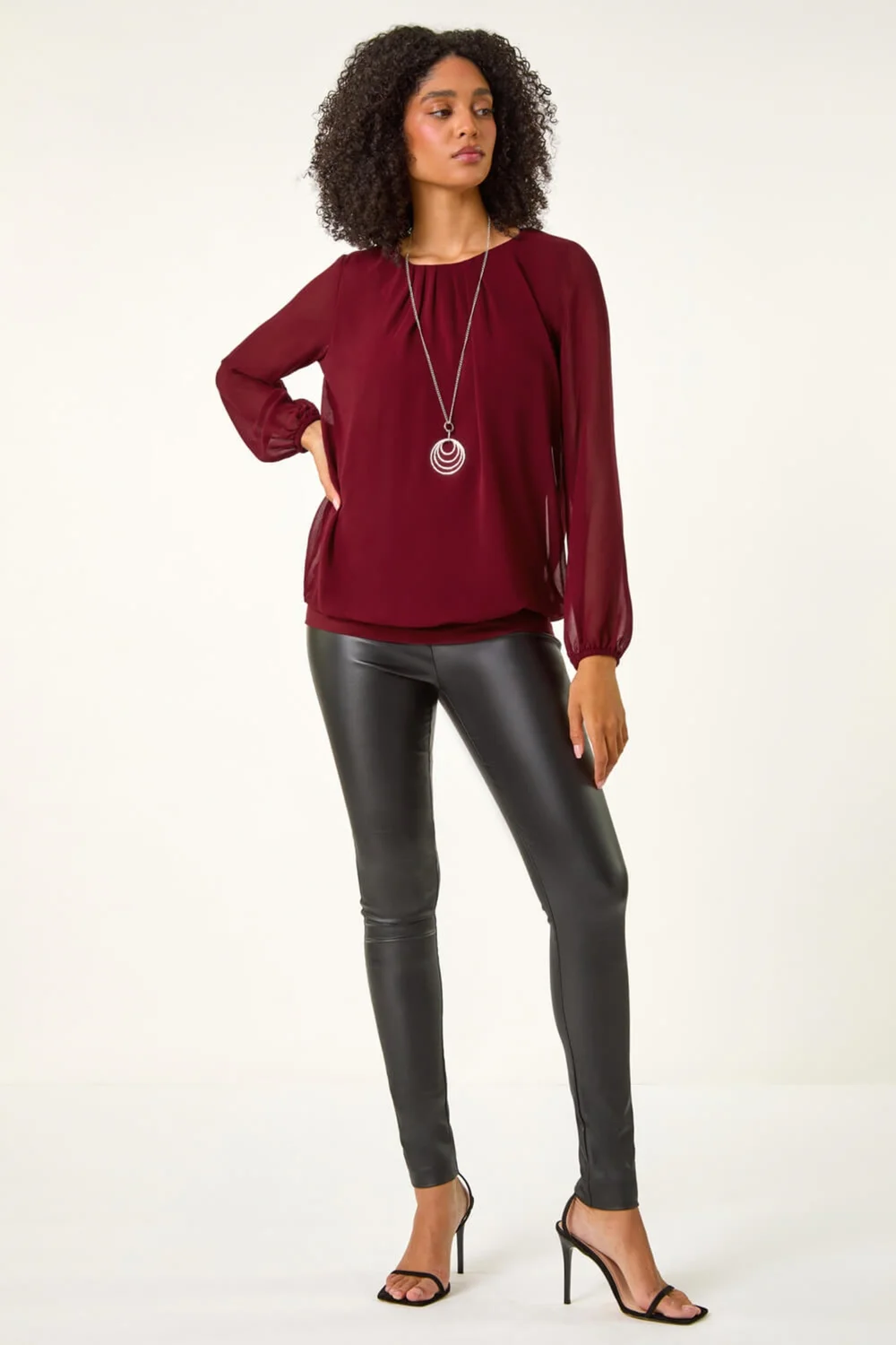 Roman Burgundy Chiffon Banded Hem Pleated Top - Size 22 Image 4