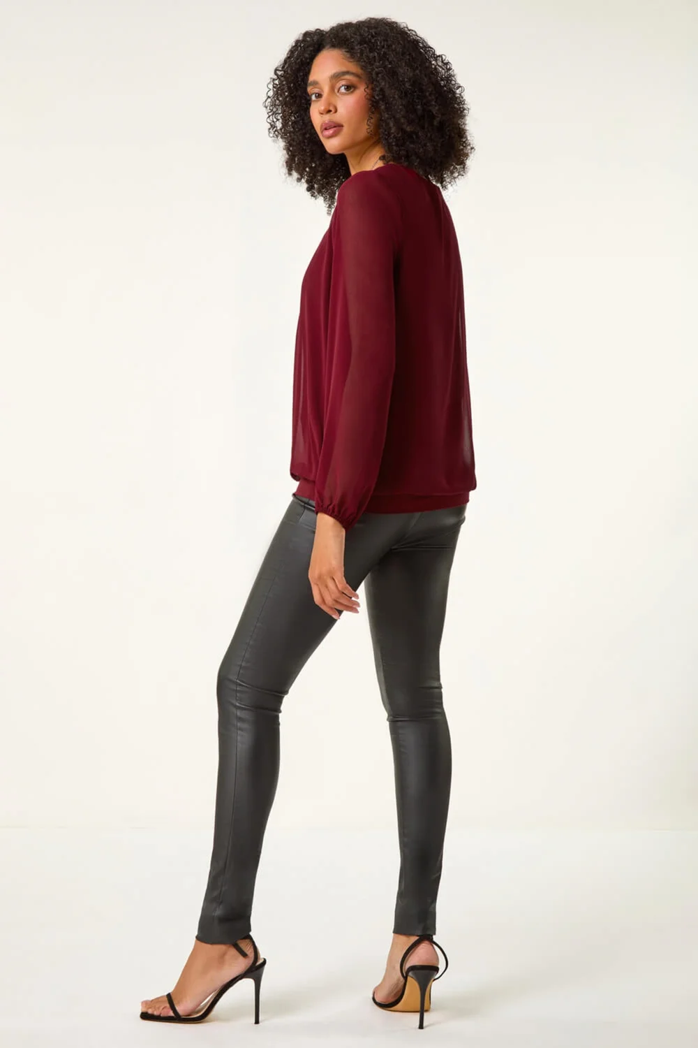 Roman Burgundy Chiffon Banded Hem Pleated Top - Size 22 Image 3