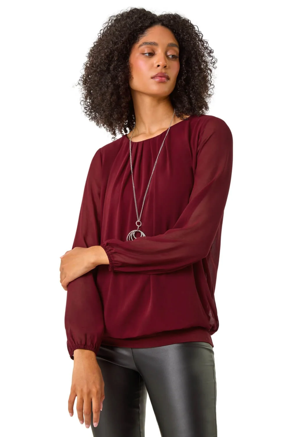 Roman Burgundy Chiffon Banded Hem Pleated Top - Size 22 Image 1