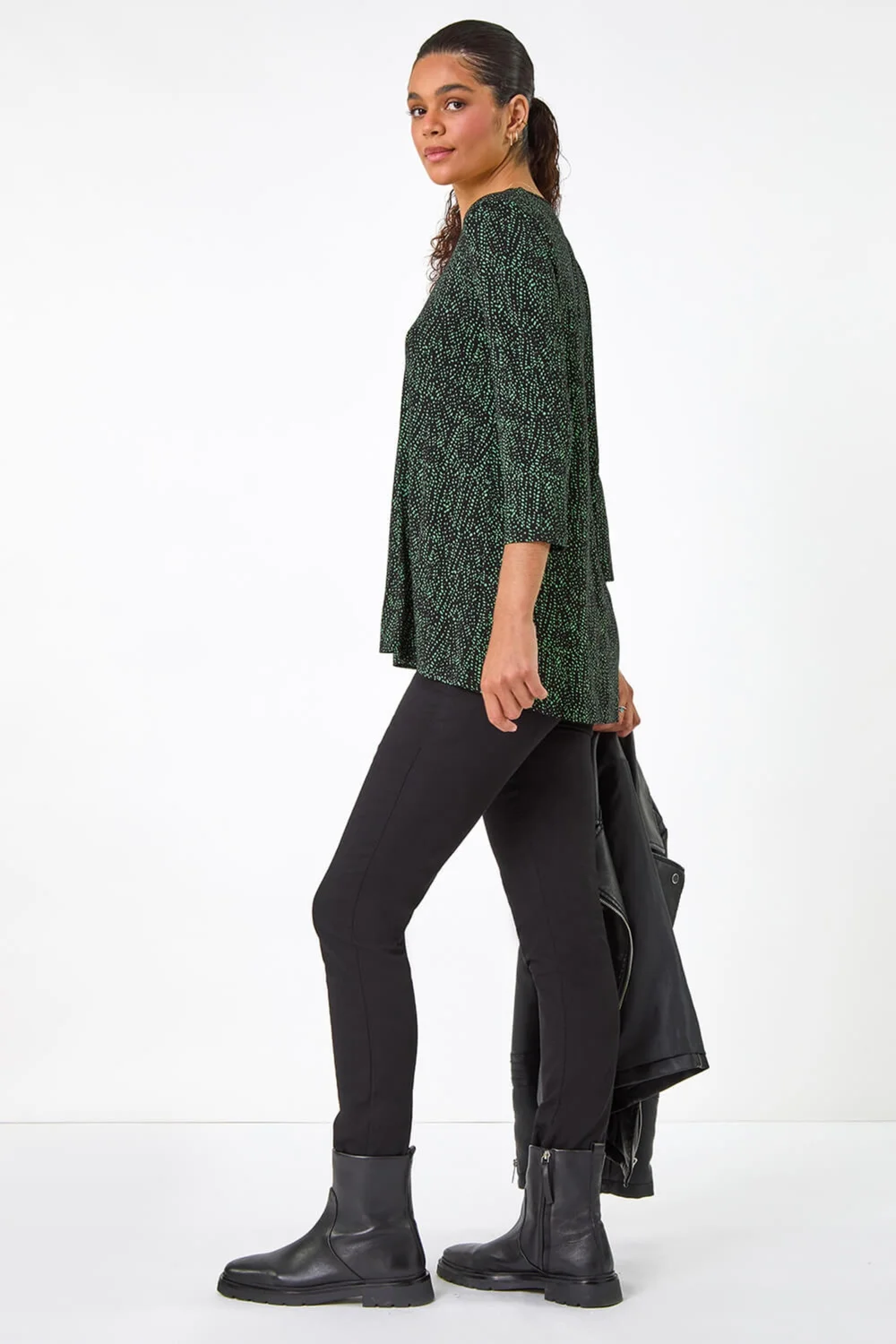 Roman Green Spot Print Pleat Front Tunic Top - Size 14 Image 4