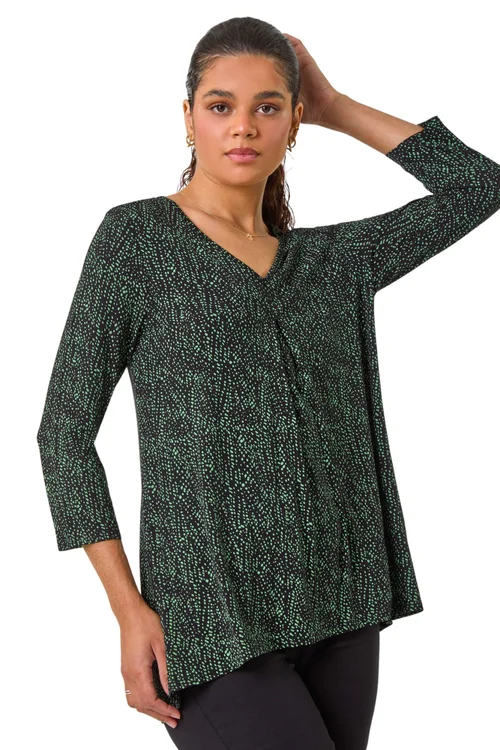 Roman Green Spot Print Pleat Front Tunic Top - Size 14 Image 1