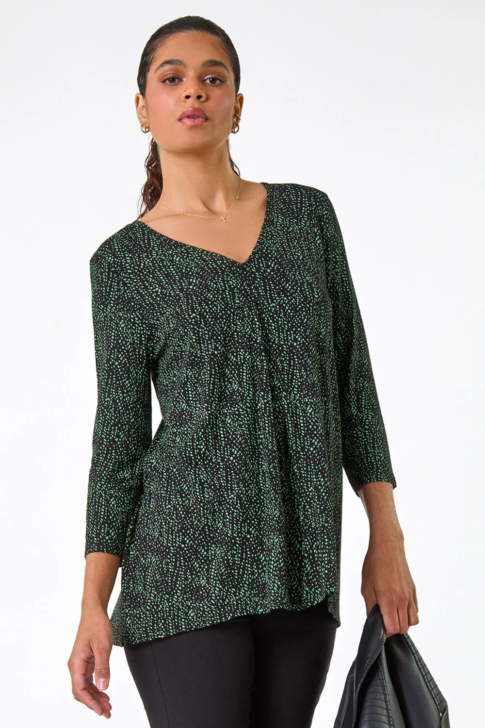 Roman Green Spot Print Pleat Front Tunic Top - Size 14 Image 3
