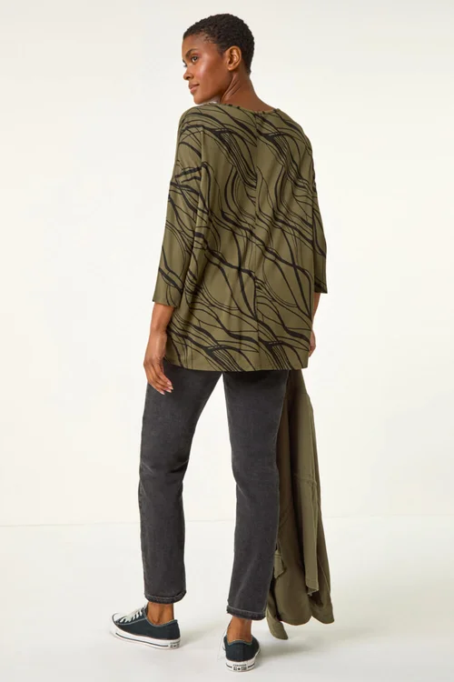 Roman Khaki Abstract Line Print Stretch Jersey Top - 10 Image 3