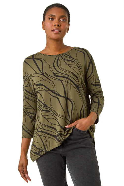 Roman Khaki Abstract Line Print Stretch Jersey Top - 10 Image 1