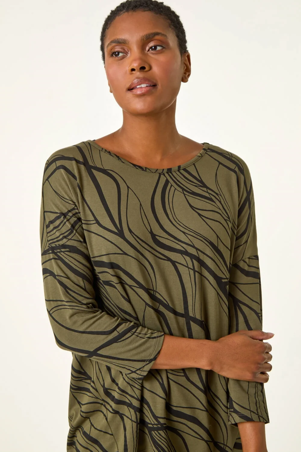 Roman Khaki Abstract Line Print Stretch Jersey Top - 10 Image 4