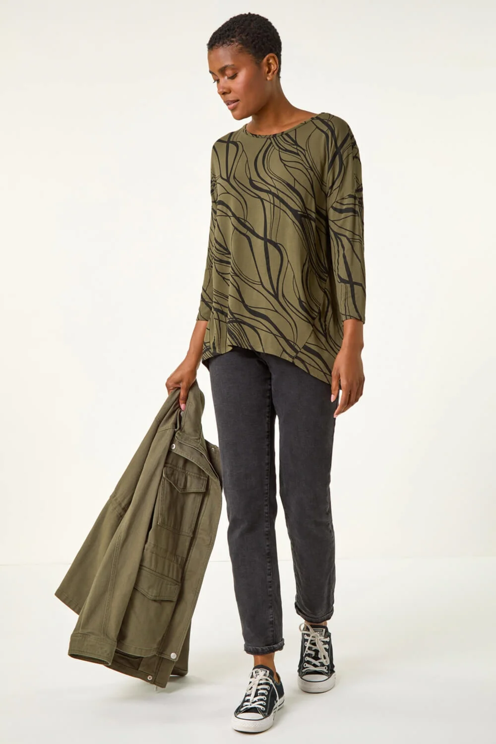 Roman Khaki Abstract Line Print Stretch Jersey Top - 10 Image 2