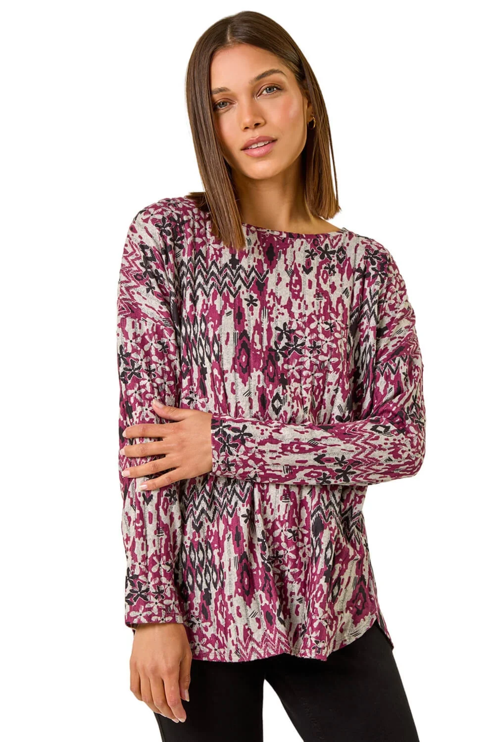 Roman Maroon Floral Ikat Print Ribbed Top - Size 14 Image 1