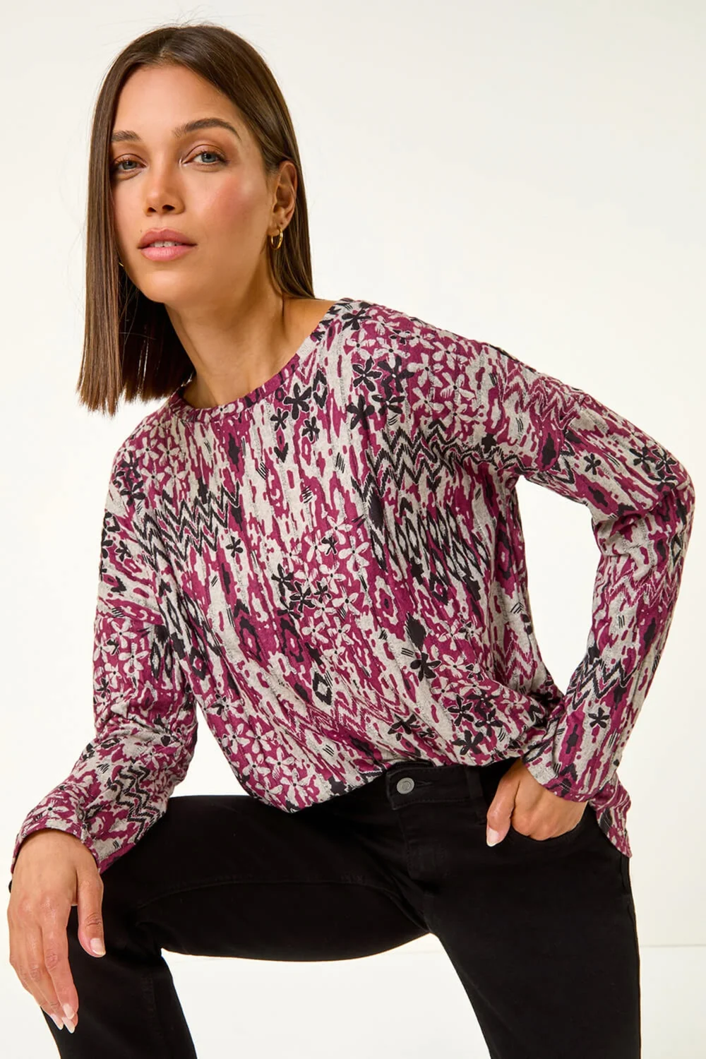 Roman Maroon Floral Ikat Print Ribbed Top - Size 14 Image 2