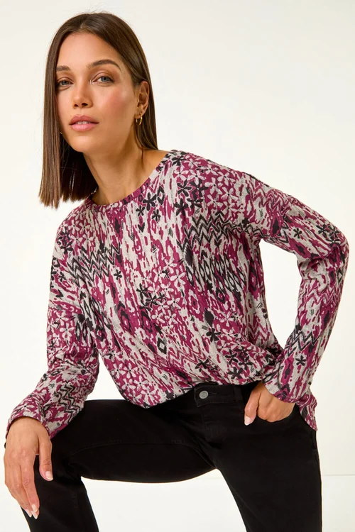 Roman Maroon Floral Ikat Print Ribbed Top - Size 14 Image 2