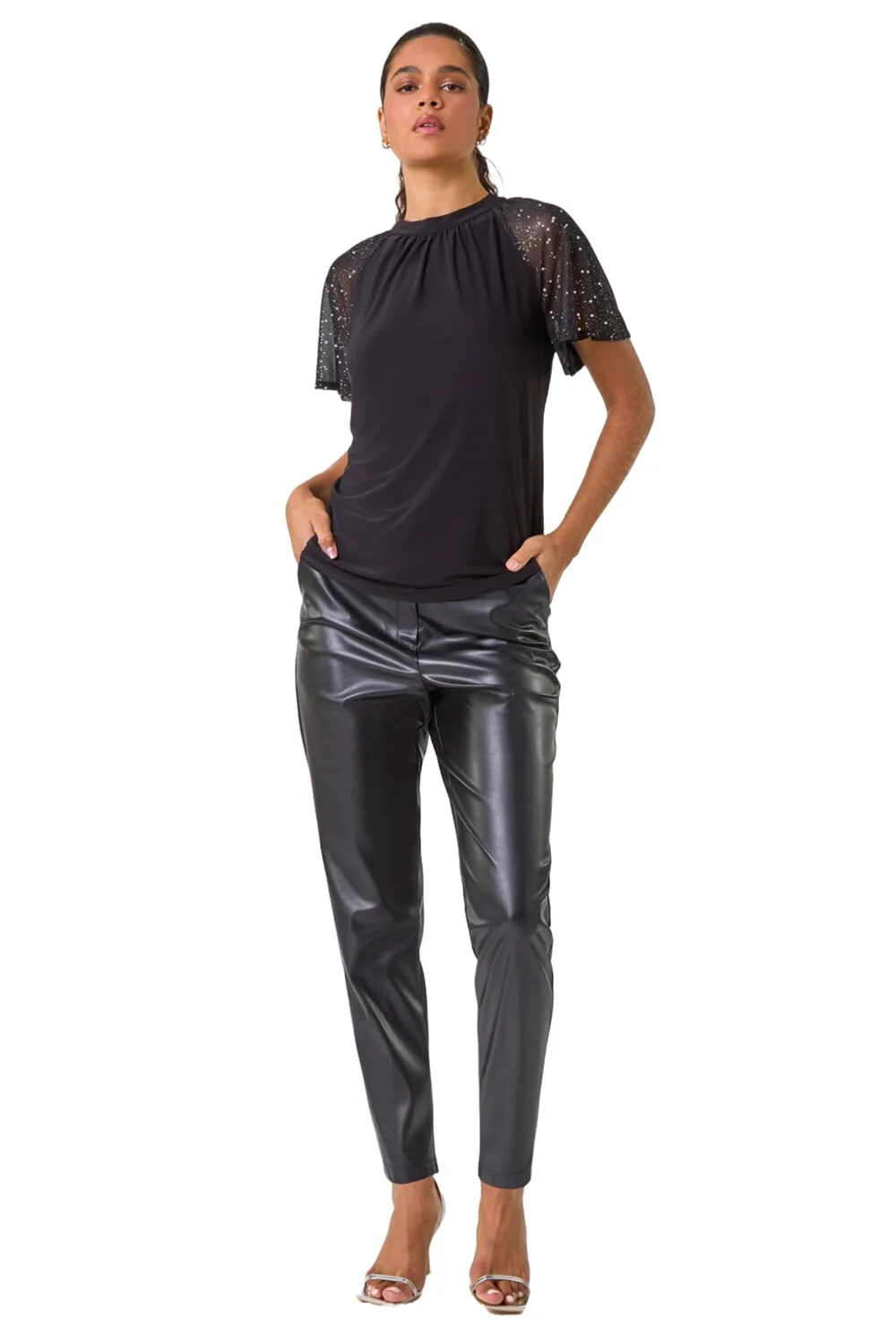 Roman Black Sparkle Mesh Sleeve Jersey Top - Size 20 Image 1