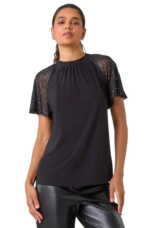 Roman Black Sparkle Mesh Sleeve Jersey Top - Size 20 Image 2