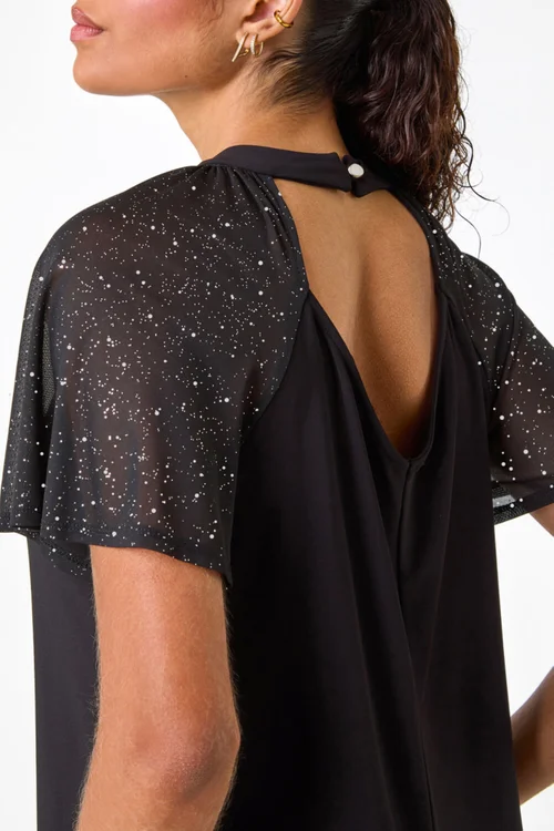 Roman Black Sparkle Mesh Sleeve Jersey Top - Size 20 Image 3