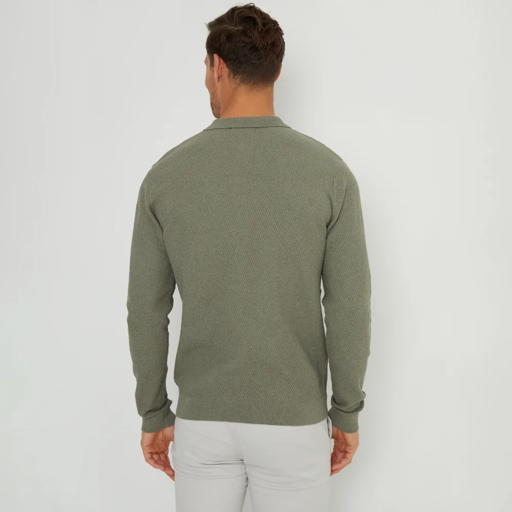 Threadbare Olive Long Sleeve Textured Knitted Polo - S Image 2