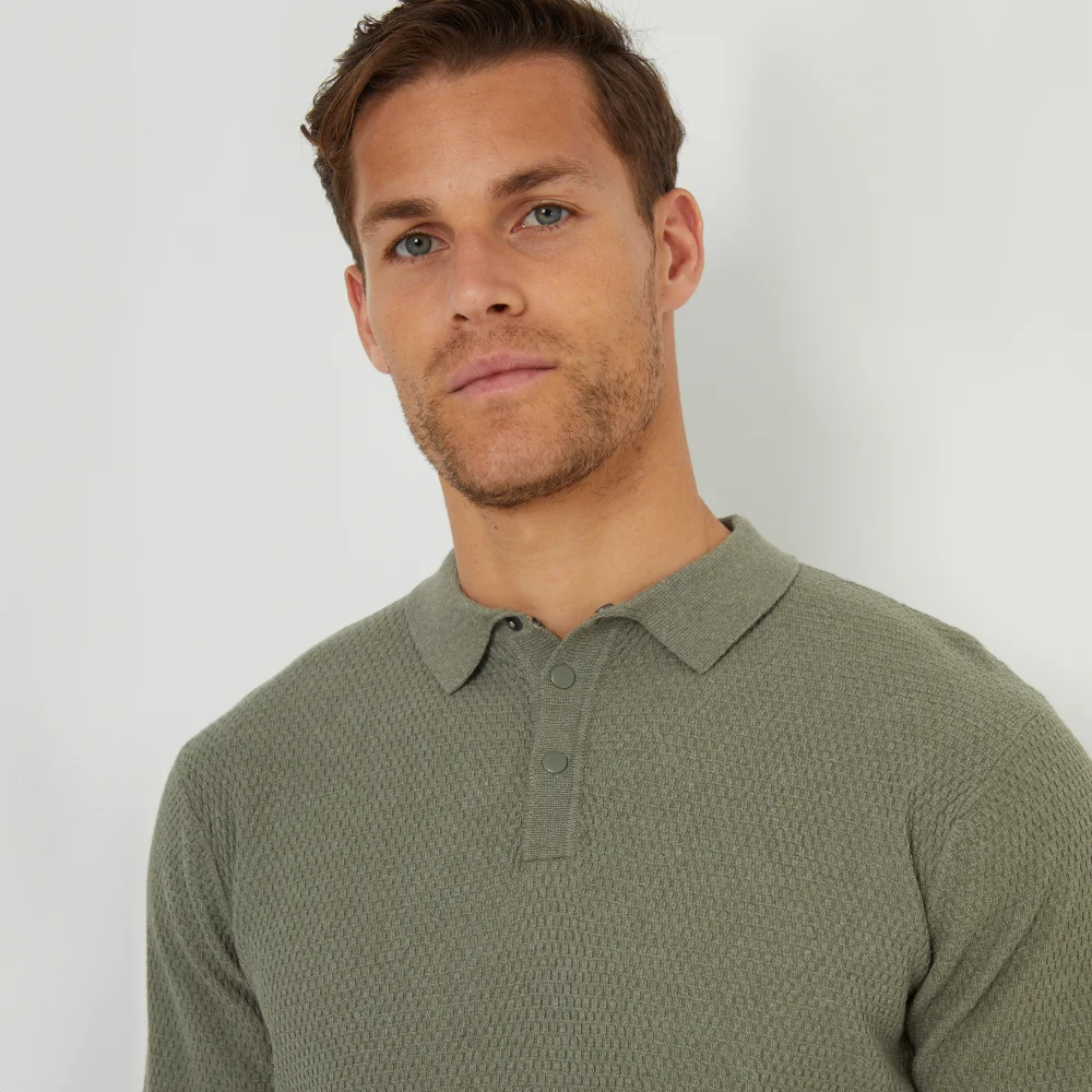 Threadbare Olive Long Sleeve Textured Knitted Polo - S Image 3