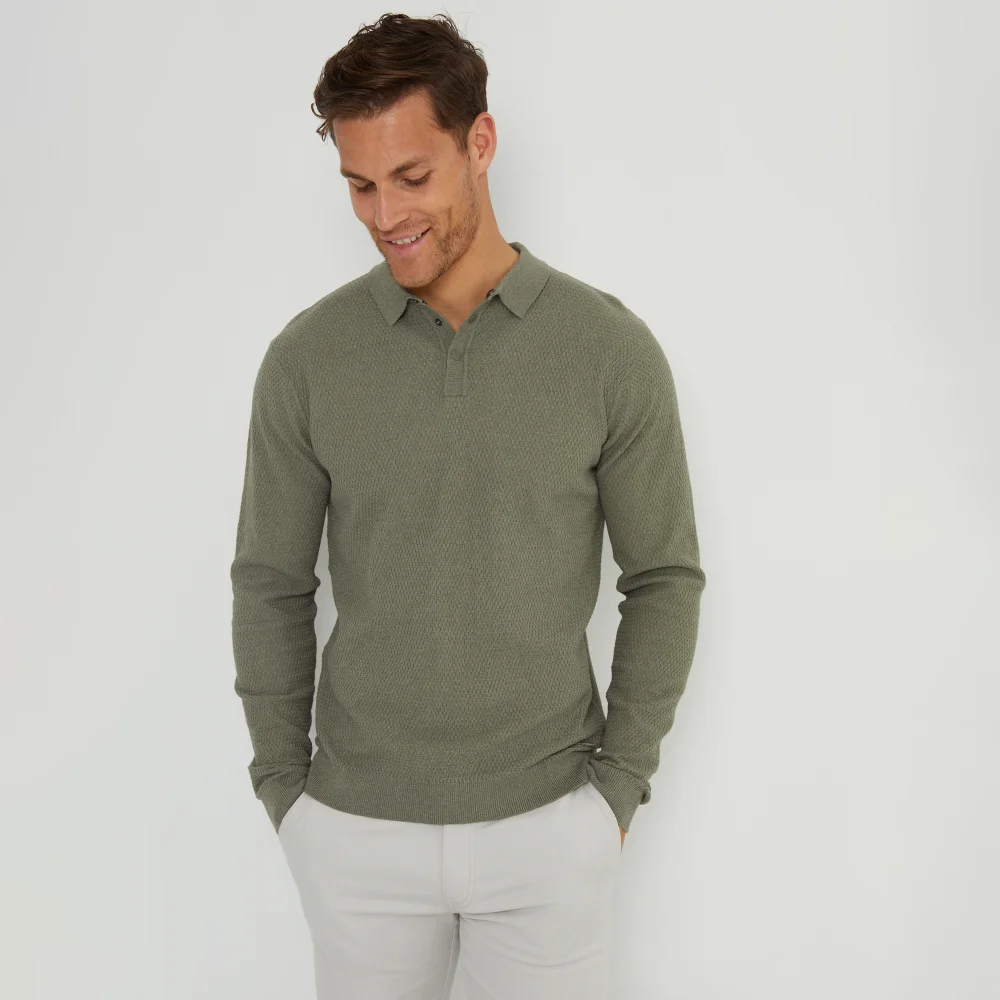 Threadbare Olive Long Sleeve Textured Knitted Polo - S Image 1