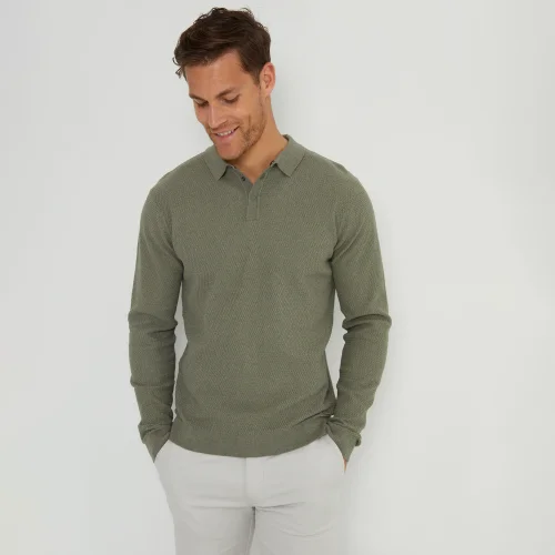 Threadbare Olive Long Sleeve Textured Knitted Polo - S Image 1