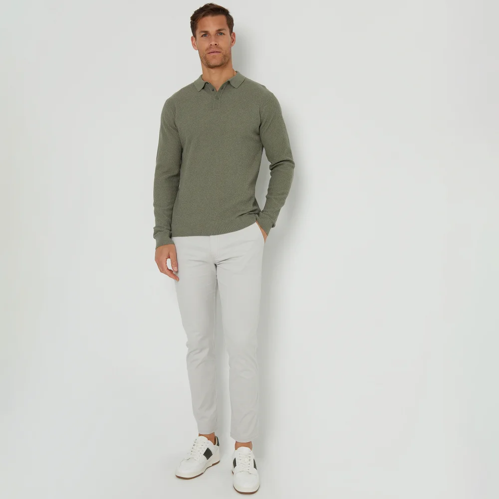 Threadbare Olive Long Sleeve Textured Knitted Polo - S Image 4
