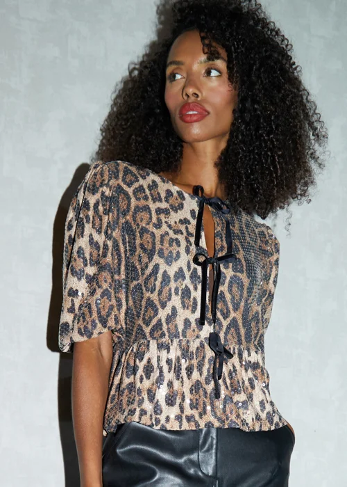 Threadbare Brown Sequin Tie Front Smock Blouse - Size 16 Image 2