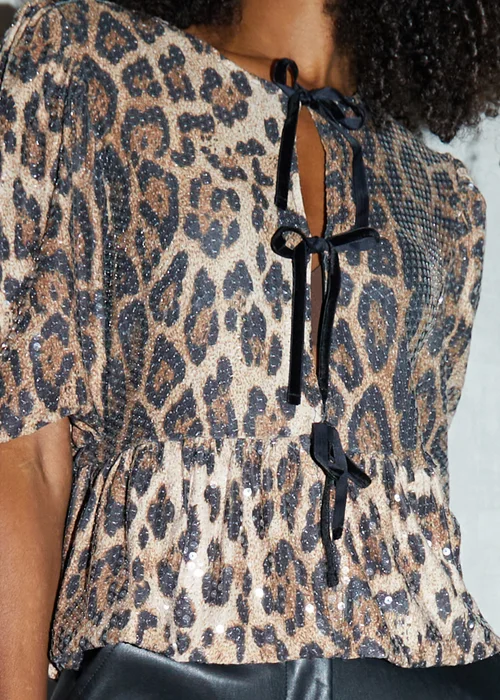 Threadbare Brown Sequin Tie Front Smock Blouse - Size 16 Image 4