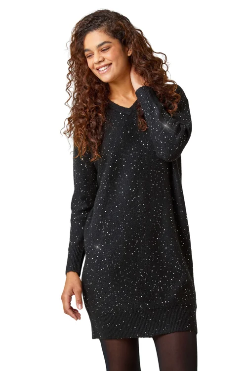 Roman Black Sequin Detail Stretch Jumper Dress - Size 16 Image 1